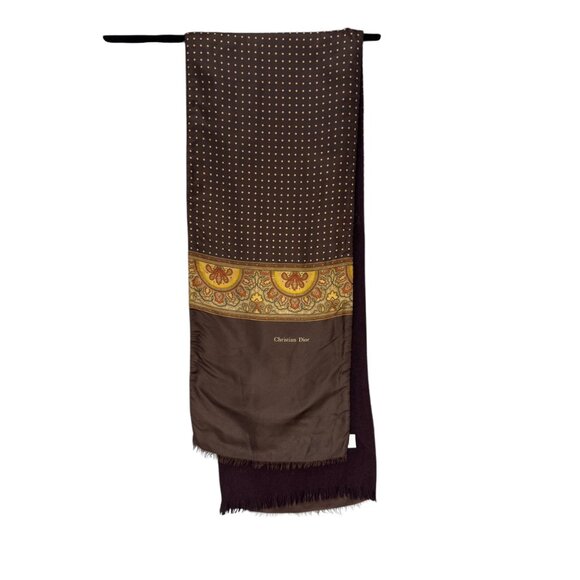 Christian Dior Scarf Womens Brown Multicolor Paisley Silk Wool Fringe 54" x 10" - Picture 5 of 12